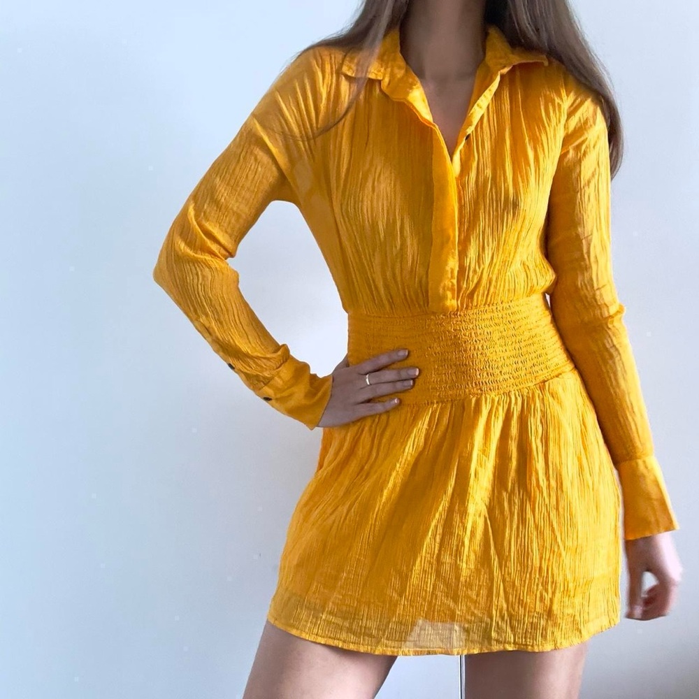 Rag & Bone | "Calista" yellow cotton silk button up long sleeve mini dress | S